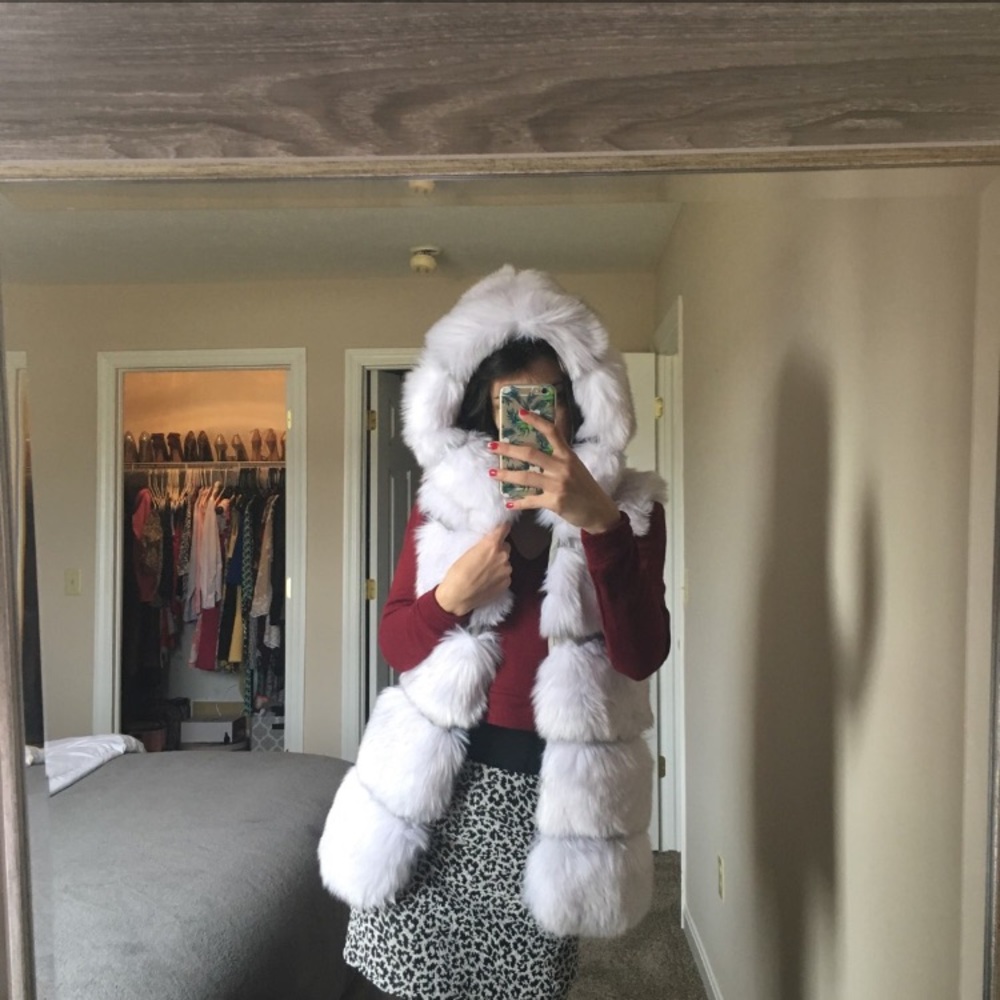 Faux gray fox fur hooded vest